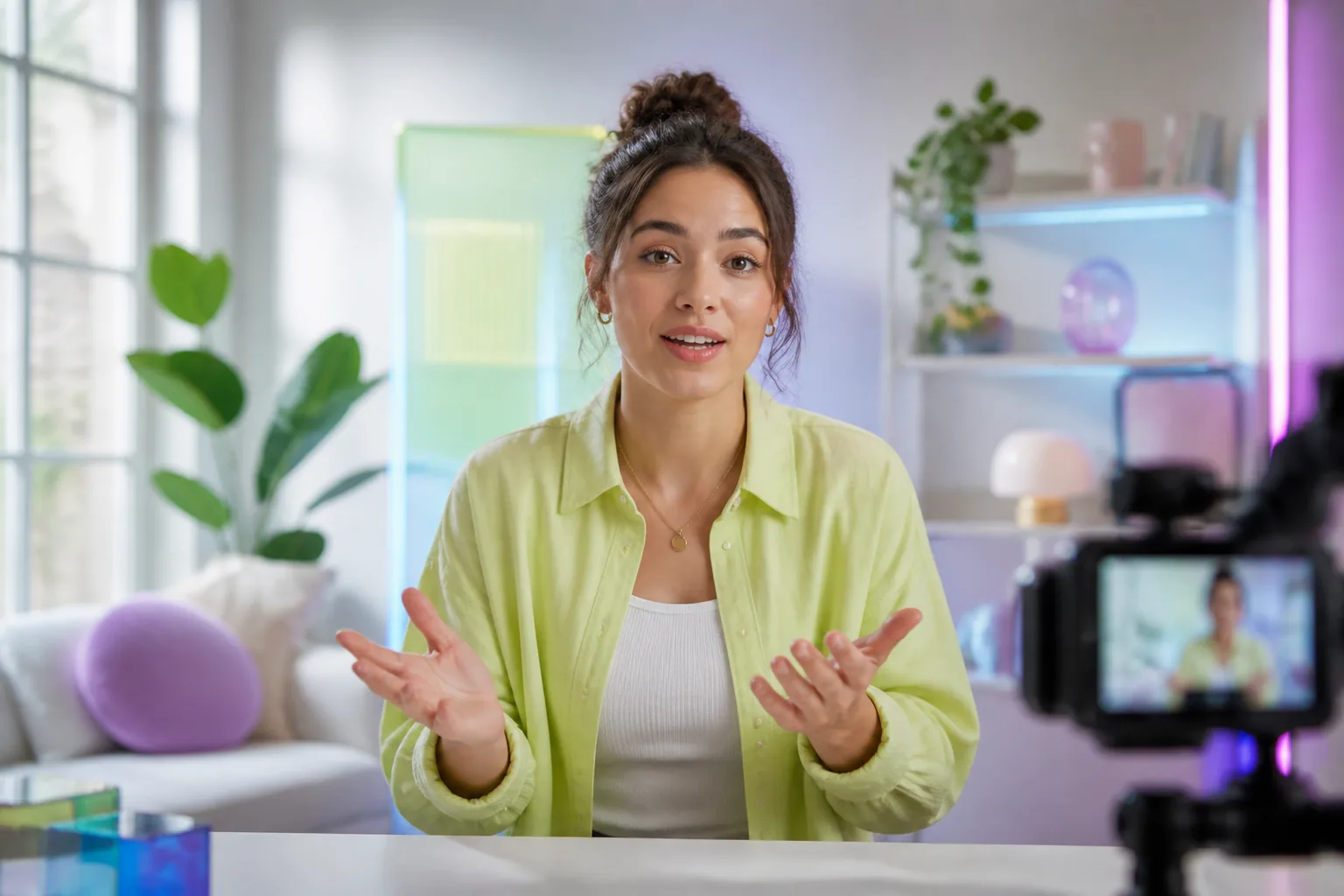 A HeyGen AI presenter creating a polished video in a bright studio