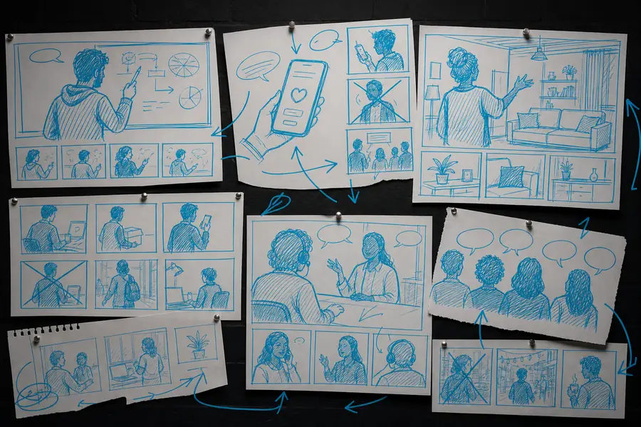Before example showing a rough AI video storyboard