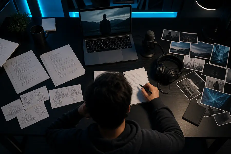 Draft video scene with a simple script-led layout