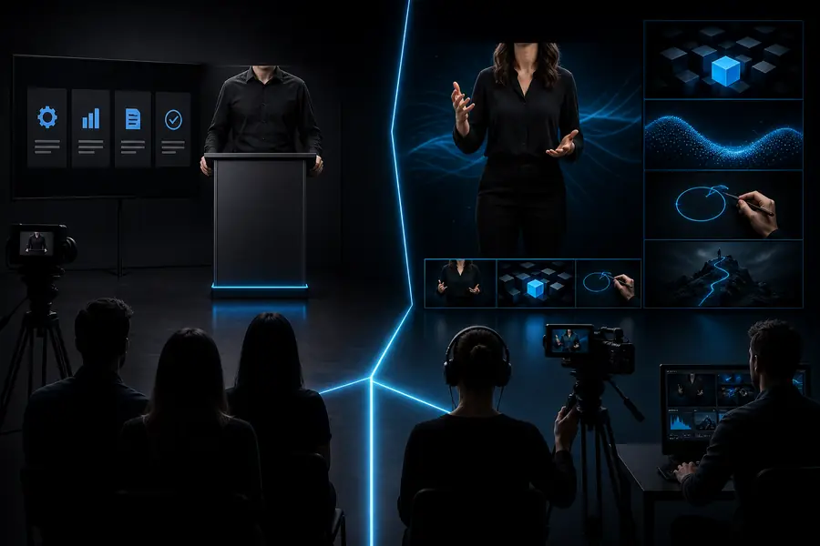 Example of a creative AI video frame with a presenter