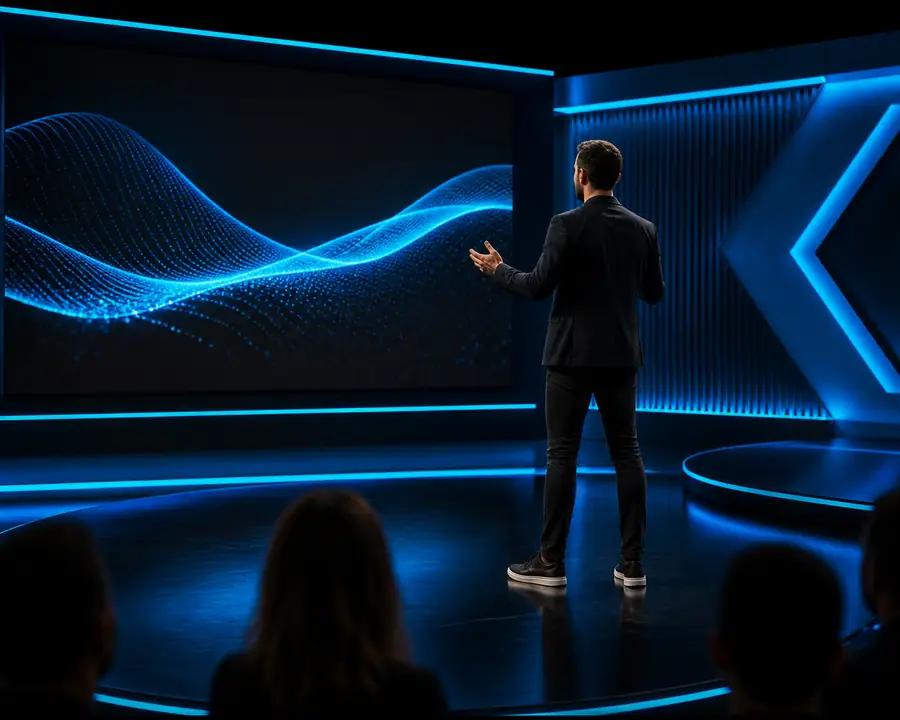 Beispiel für ein KI-Präsentatorenvideo mit gebrandetem Studio-Design